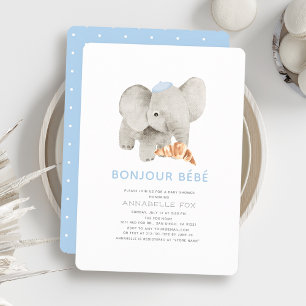 Bonjour Bébé Blue Beret Elephant Baby Shower Invitation
