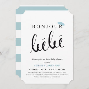 Bonjour Bebe Blue Beret Simple Boy Baby Shower Invitation