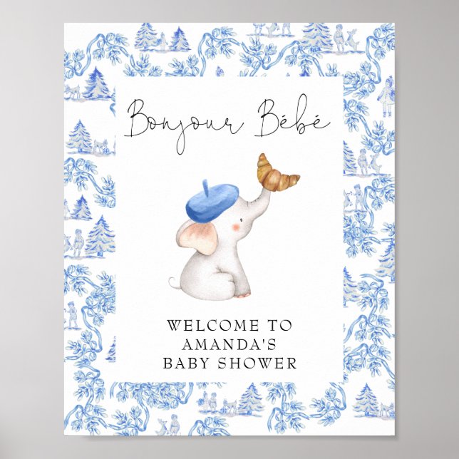 Bonjour Bebe Blue French Boy Welcome Baby Shower P Poster (Front)