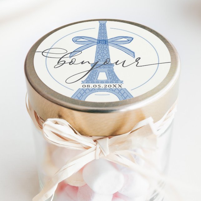 Bonjour Bébé Blue Paris Eiffel Baby Shower Classic Round Sticker (Creator Uploaded)