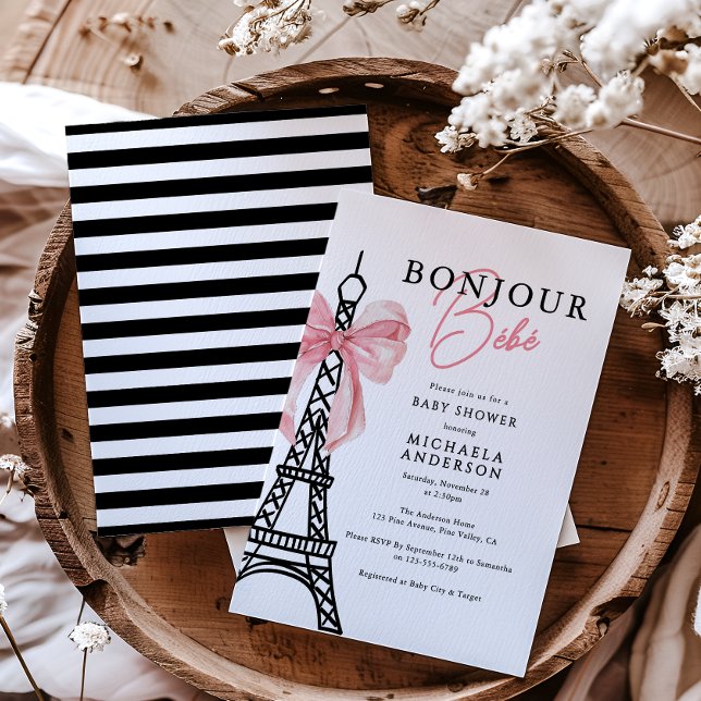 Bonjour Bébé Coquette Bow Paris Baby Shower Invitation (Creator Uploaded)
