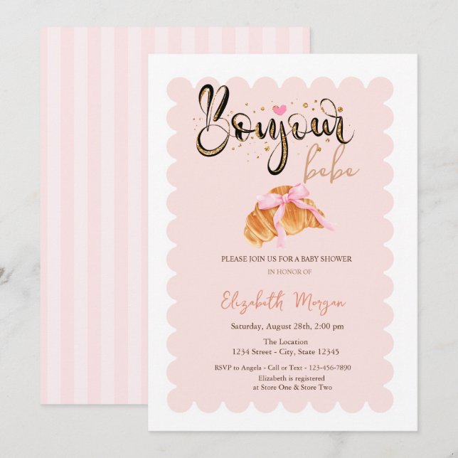 Bonjour Bébé Croissant  Bow Striped Baby Shower Invitation (Front/Back)