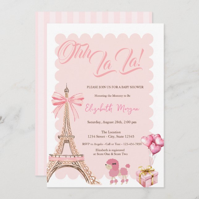 Bonjour Bébé Eiffel Tower Bow Striped Baby Shower Invitation (Front/Back)