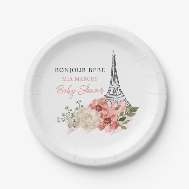 Bonjour Bebe Eiffel Tower Paris Baby Shower Paper Plate (Front)