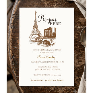 Bonjour Bebe Eiffle Tower Paris Baby Shower Invitation