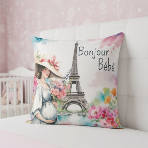 Bonjour Bebe Floral Eiffel Tower Paris Baby Shower Cushion