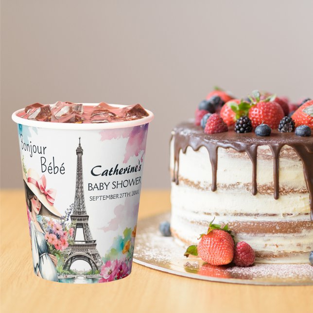 Bonjour Bebe Floral Eiffel Tower Paris Baby Shower Paper Cups (Creator Uploaded)