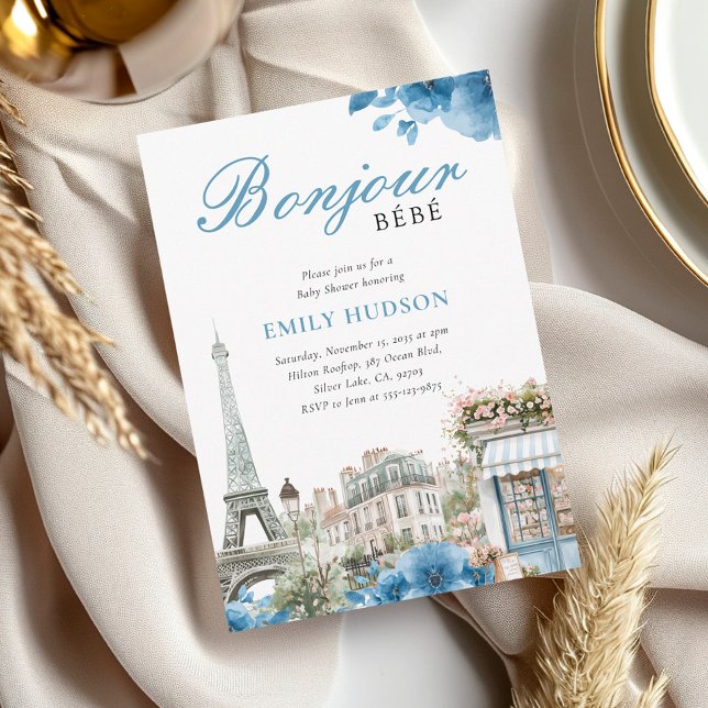 Bonjour Bebe French Blue Baby Shower Invitation (Creator Uploaded)