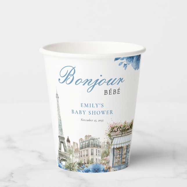Bonjour Bebe French Blue Baby Shower Paper Cups (Front)