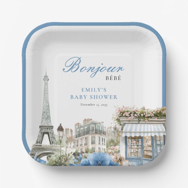 Bonjour Bebe French Blue Baby Shower Paper Plate (Front)