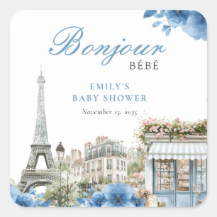 Bonjour Bebe French Blue Baby Shower Square Sticker
