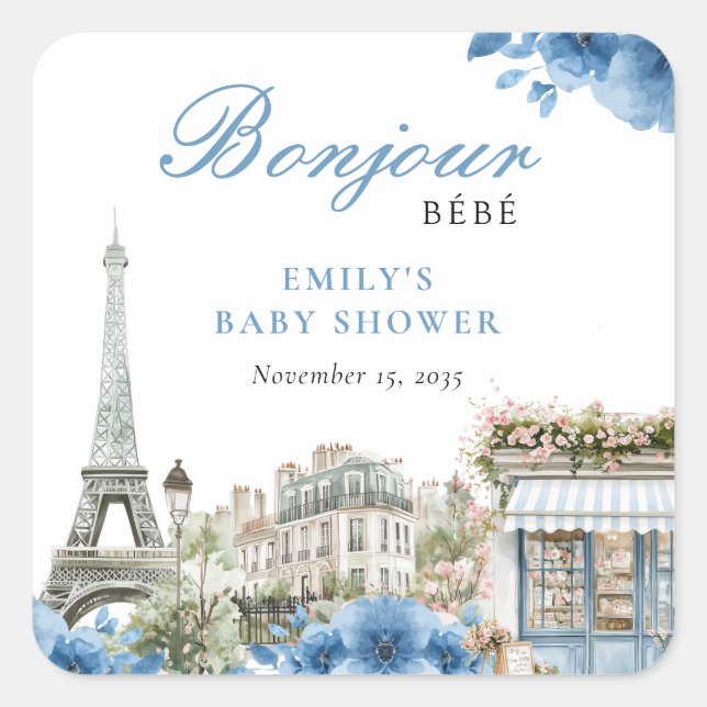 Bonjour Bebe French Blue Baby Shower Square Sticker (Front)
