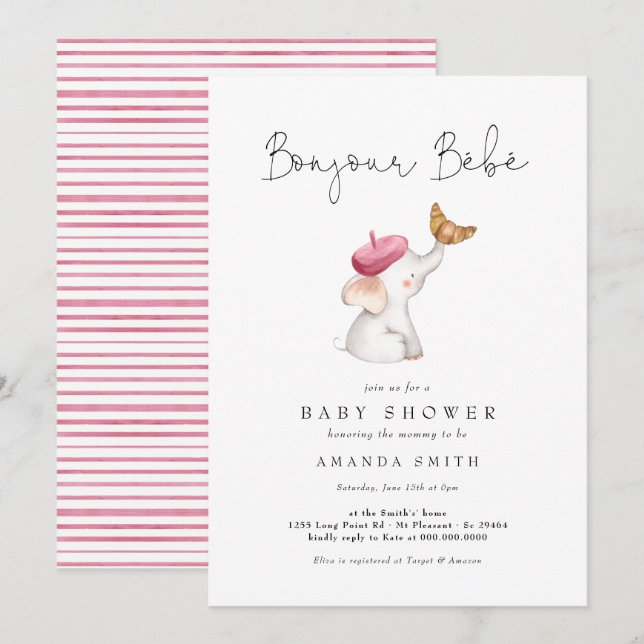 Bonjour Bebe French Elephant Baby Girl Shower Pink Invitation (Front/Back)
