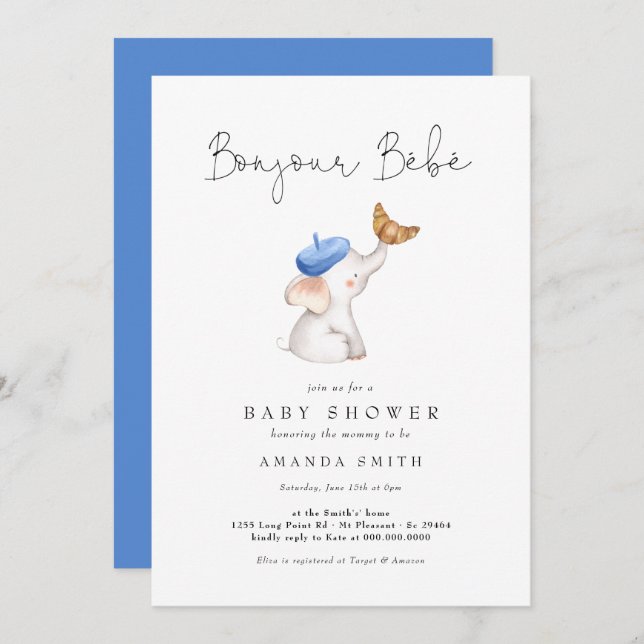Bonjour Bebe French Elephant Blue Baby Shower Invitation (Front/Back)
