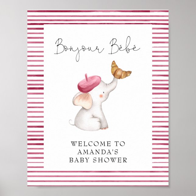 Bonjour Bebe French Elephant Welcome Baby Shower Poster (Front)