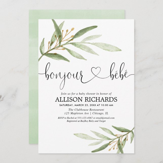 Bonjour Bebe French greenery gold gender neutral Invitation (Front/Back)