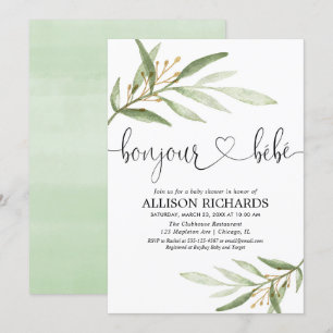 Bonjour Bebe French greenery gold gender neutral Invitation