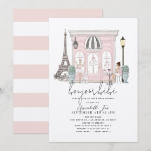 Bonjour Bébé French Paris Cafe Pink Baby Shower Invitation