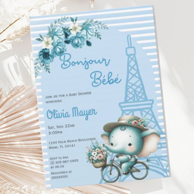Bonjour Bebe French Paris Elephant Baby Shower Invitation (Creator Uploaded)