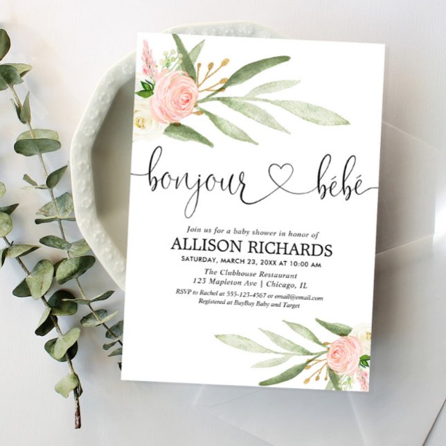 Bonjour bebe French Paris floral girl baby shower Invitation (Creator Uploaded)