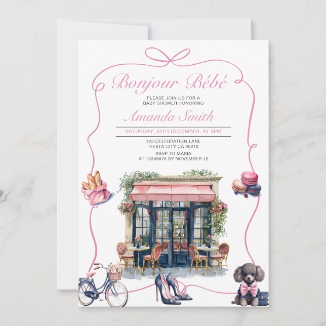 Bonjour Bebe French Parisian Cafe Baby Shower Invitation (Front)