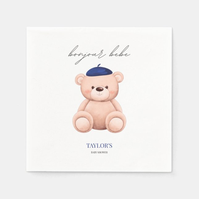 Bonjour Bebe French Watercolor Bear Baby Shower Napkin (Front)