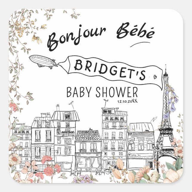 Bonjour Bebe Gender Neutral Baby Shower Square Sticker (Front)