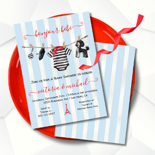 Bonjour Bebe Paris Boy Clothesline Baby Shower Invitation