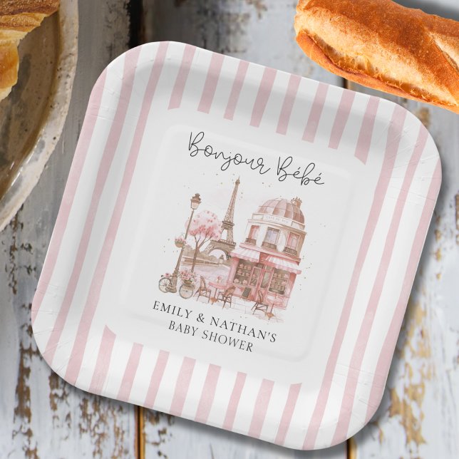 Bonjour Bébé Paris Café Script Baby Shower Paper Plate (Creator Uploaded)