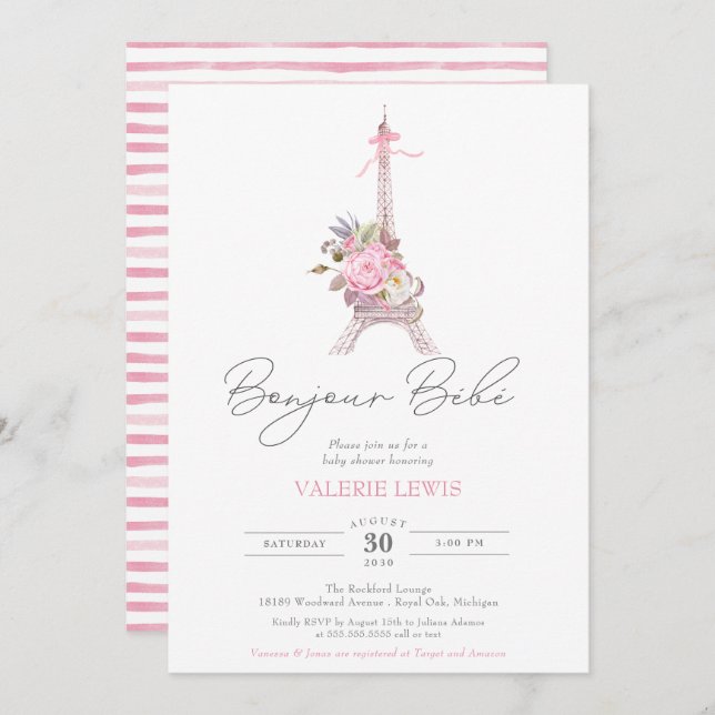 Bonjour Bebe Paris Eiffel Pink Floral Baby Shower  Invitation (Front/Back)