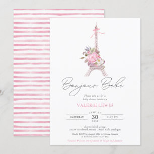 Bonjour Bebe Paris Eiffel Pink Floral Baby Shower  Invitation