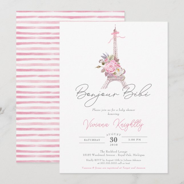 Bonjour Bebe Paris Eiffel Pink Flowers Baby Shower Invitation (Front/Back)