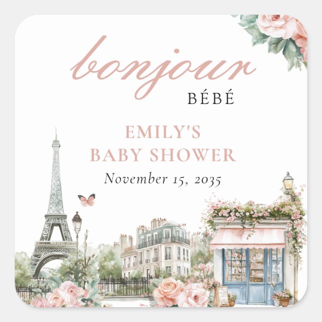 Bonjour Bébé Paris French Baby Shower Square Sticker (Front)