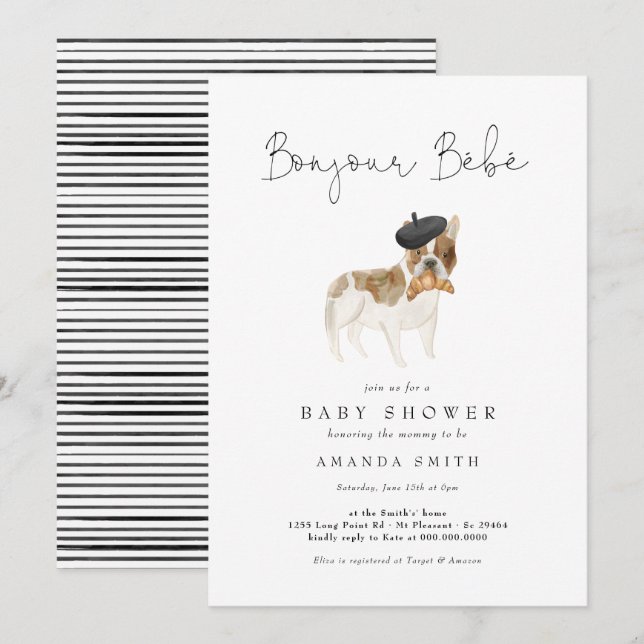 Bonjour Bebe Paris French Bulldog Baby Shower Invi Invitation (Front/Back)