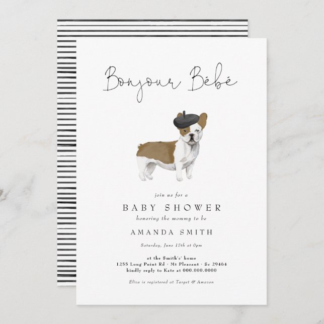 Bonjour Bebe Paris French Bulldog Baby Shower Invi Invitation (Front/Back)