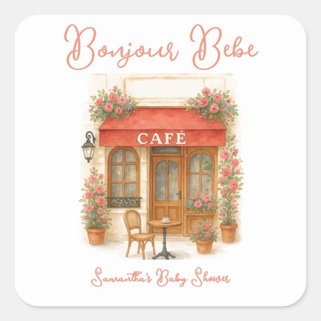 Bonjour Bebe Paris French Cafe Baby Shower Square Sticker (Front)