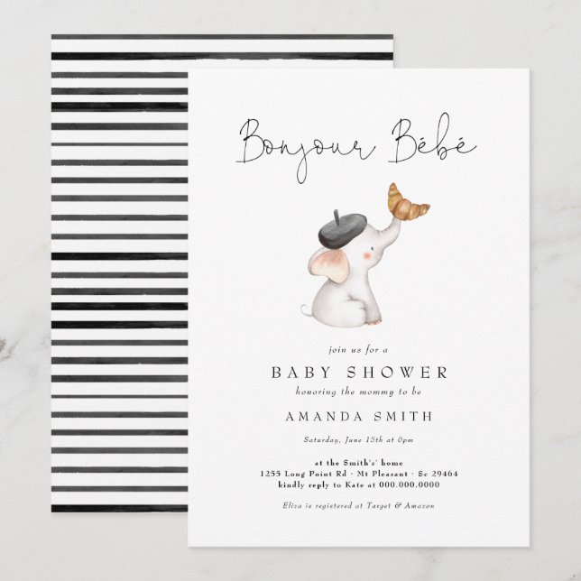 Bonjour Bebe Paris French Elephant Baby Shower Inv Invitation (Front/Back)