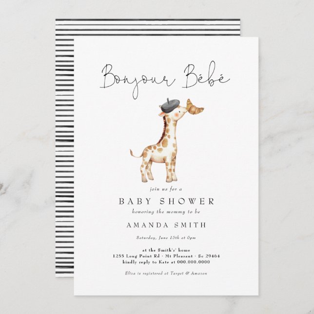 Bonjour Bebe Paris French Giraffe Baby Shower  Invitation (Front/Back)