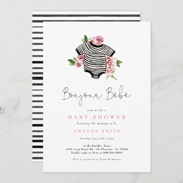 Bonjour Bebe Paris French Pink Flowers Baby Shower Invitation (Front/Back)