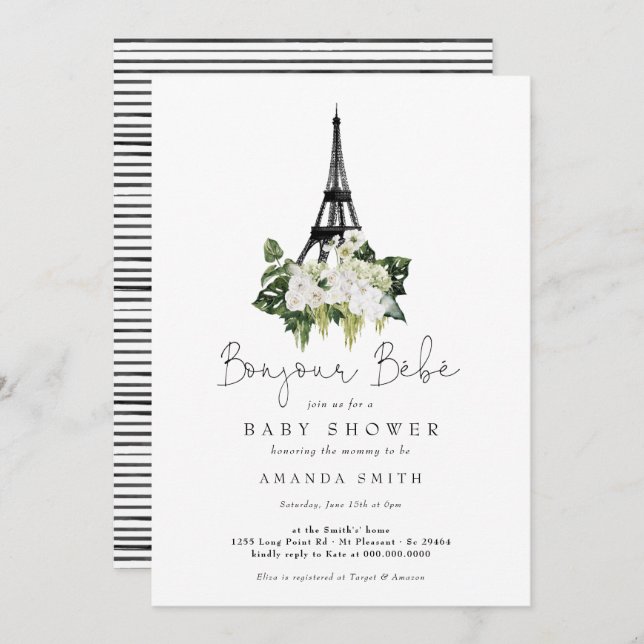 Bonjour Bebe Paris French White Floral Baby Shower Invitation (Front/Back)