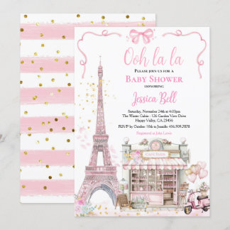 Bonjour Bebe Paris Girl Baby Shower Pink Eiffel  Invitation