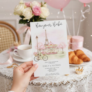Bonjour Bebe Parisian café pink eiffel tower girls Invitation