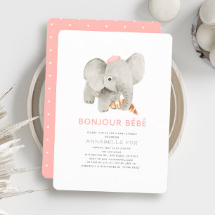 Bonjour Bébé Pink Beret Elephant Baby Shower Invitation