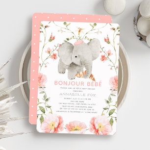 Bonjour Bébé Pink Beret Elephant Baby Shower Invitation