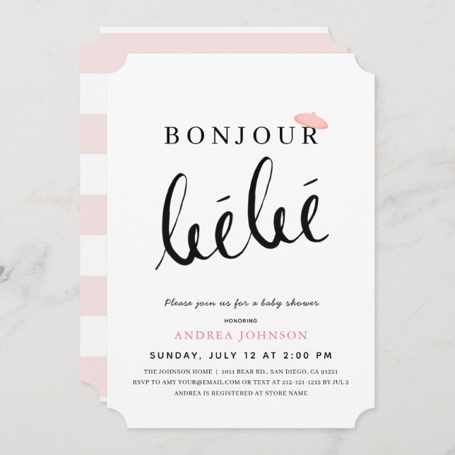 Bonjour Bebe Pink Beret Simple Girl Baby Shower Invitation (Front/Back)