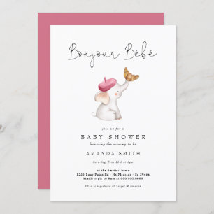 Bonjour Bebe Pink French Elephant Baby Shower Invitation