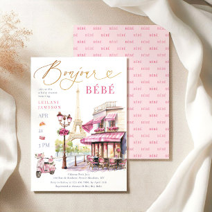 Bonjour Bebe Pink French Paris Cafe Baby Shower Invitation