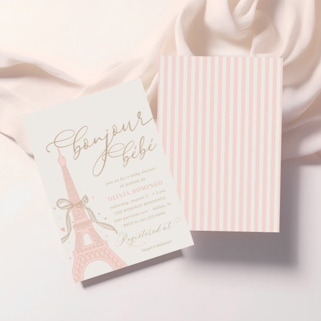 Bonjour Bébé Pink Paris Eiffel Tower Baby Shower Invitation (Creator Uploaded)