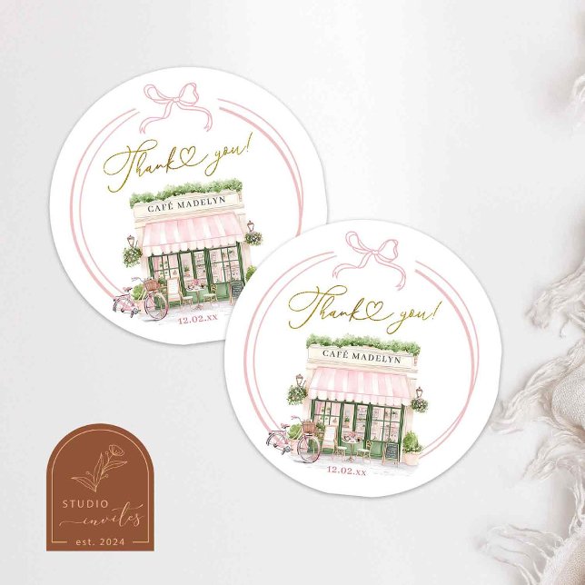 Bonjour bébé Pink Parisian cafe Thank You Stickers (Creator Uploaded)