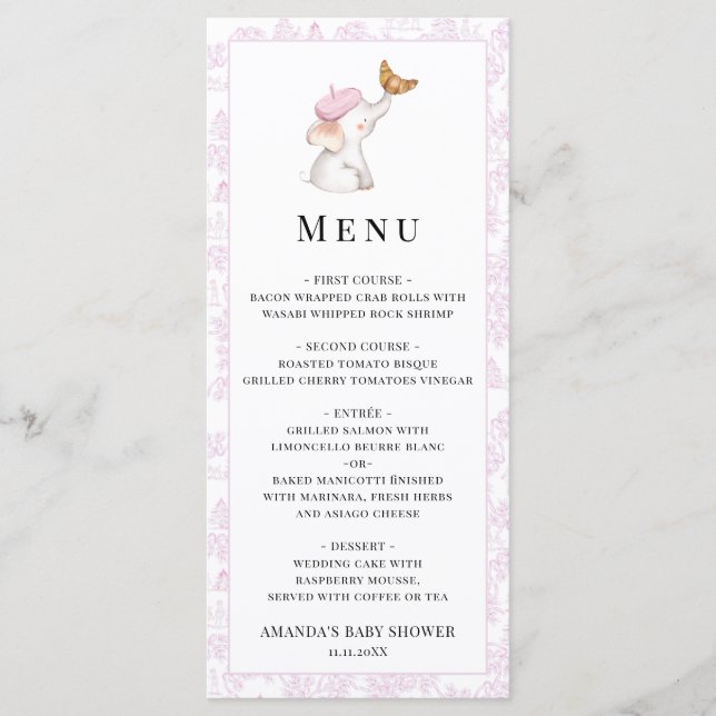 Bonjour Bebe Romantic French Girl Baby Shower  Menu (Front)